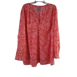 Catherines Coral Paisley Roll Tab Sleeve Front Button Blouse 3X